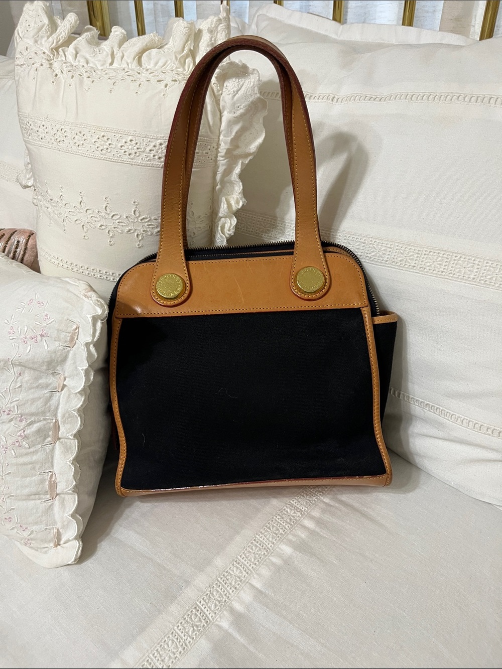Dooney & Bourke Black Canvas Satchel with Tan Leather Trim - Picture 2 of 8